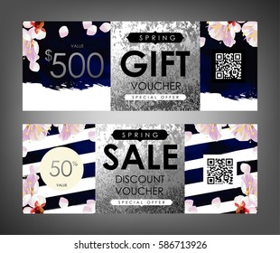 Gift certificate, Voucher, Coupon template with plum tree flowers, deep blue velvet stripe pattern and shabby white gold texture. Spring inspiration vector.