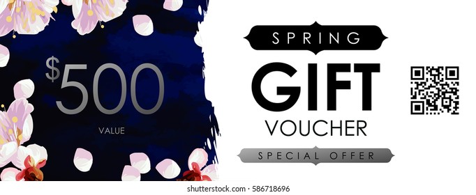 Gift certificate, Voucher, Coupon template with plum tree flowers, deep blue velvet and shabby white gold texture. Spring inspiration vector.