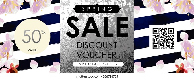 Gift certificate, Voucher, Coupon template with plum tree flowers, deep blue velvet stripe pattern and shabby white gold texture. Spring inspiration vector.
