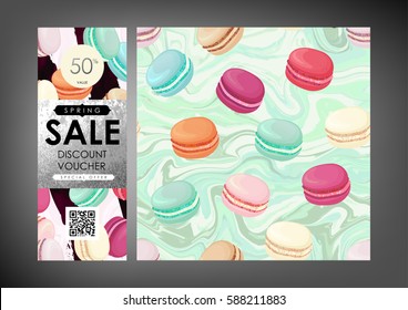 Gift certificate, Voucher, Coupon template with macaroons colorful pattern. Trendy confectionery texture with classic french almond cookies on art stroke stripes, marble background.