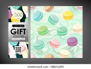 Gift certificate, Voucher, Coupon template with macaroons colorful pattern. Trendy confectionery texture with classic french almond cookies on art stroke stripes, marble background.