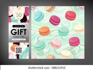 Gift certificate, Voucher, Coupon template with macaroons colorful pattern. Trendy confectionery texture with classic french almond cookies on art stroke stripes, marble background.