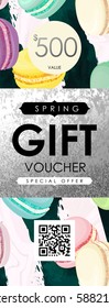 Gift certificate, Voucher, Coupon template with macaroons colorful pattern. Trendy confectionery texture with classic french almond cookies on art stroke stripes, marble background.
