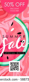 Gift certificate, Voucher, Coupon template with watercolor paint textured watermelon on trendy marbled background. "Summer sale" hand written lettering.