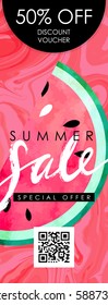 Gift certificate, Voucher, Coupon template with watercolor paint textured watermelon on trendy marbled background. "Summer sale" hand written lettering.