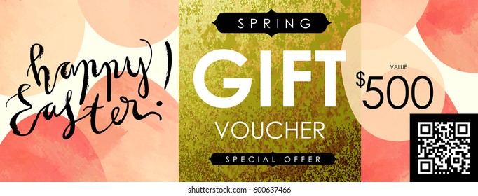Gift certificate, Voucher, Coupon template with festive eggs and shabby gold texture. Spring inspiration. Easter campaign concept.