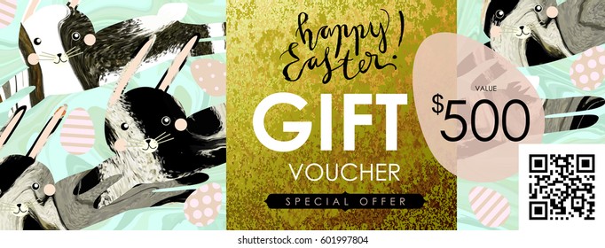Gift certificate, Voucher, Coupon template with animal fur textured hare (rabbit), festive eggs and shabby gold texture. Spring inspiration. Easter campaign concept.