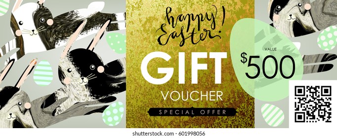 Gift certificate, Voucher, Coupon template with animal fur textured hare (rabbit), festive eggs and shabby gold texture. Spring inspiration. Easter campaign concept.