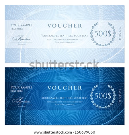 Gift certificate, Voucher, Coupon template with blue guilloche pattern (watermark). Dark background for banknote, money design, currency, note, check (cheque), ticket, reward. Vector