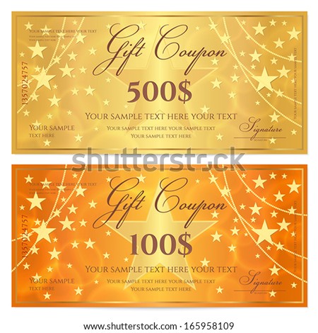 Gift certificate, Voucher, Coupon template with stars pattern. Holiday gold and orange background for money design, currency, note, check (cheque), ticket, reward. Vector