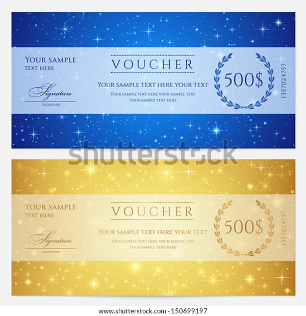 キラキラ輝く星を持つギフト券 伝票 クーポンテンプレート 招待 バナー チケット用の夜空の背景デザイン 金色のベクター画像 青の色 のベクター画像素材 ロイヤリティフリー