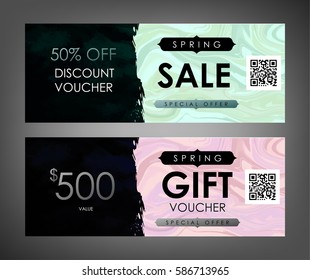 Gift certificate, Voucher, Coupon templates with emerald, deep blue velvet and natural green and pink marble texture. Spring sale vector illustration.