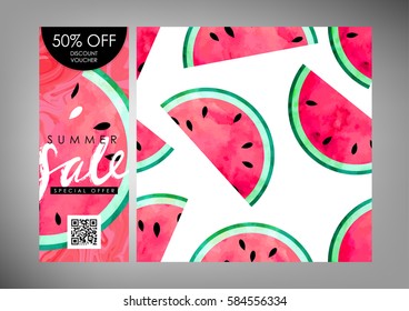 Gift certificate, Voucher, Coupon vector template with same style pattern tile. Watercolor paint textured watermelon on trendy marbled background. "Summer sale" hand written lettering.