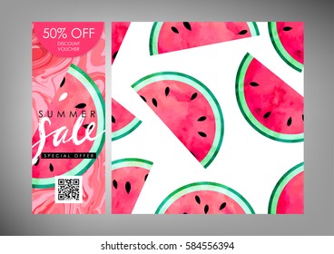 Gift certificate, Voucher, Coupon vector template with same style pattern tile. Watercolor paint textured watermelon on trendy marbled background. "Summer sale" hand written lettering.