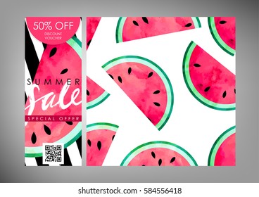 Gift certificate, Voucher, Coupon vector template with same style pattern tile. Watercolor paint textured watermelon on trendy striped background. "Summer sale" hand written lettering.