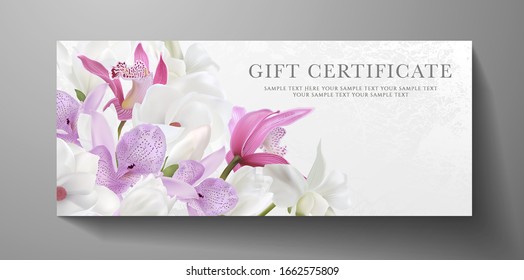 Gift certificate, voucher design for invite. White background with fresh orchid, magnolia flowers bouquet. Beautiful vector template for wedding card, elegant anniversary invitation, 8 March greeting