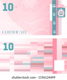 Gift certificate Voucher template 10 with guilloche pattern watermarks and border. Background usable for coupon, banknote, money design, currency, note, check etc. Vector in pink and turquoise color