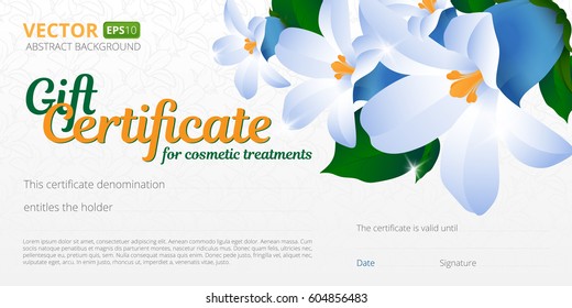 Gift certificate or voucher template for cosmetics treatments with spring floral background, seamless pattern and place for your text. Use this vector layout for design your website or publications.