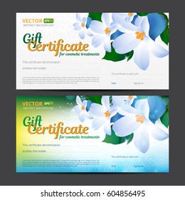 Gift certificate or voucher template for cosmetics treatments with spring floral background, seamless pattern and place for your text. Use this vector layout for design your website or publications.