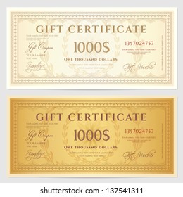 Gift certificate / Voucher template with guilloche pattern (watermarks) and border. Background usable for coupon, banknote, money design, currency, note, check etc. Vector in golden and vintage colors