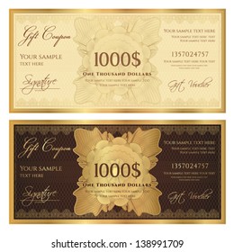 Gift certificate / Voucher template with guilloche pattern (watermarks) and border. Background usable for coupon, banknote, money design, currency, note, check etc. Vector in golden and brown colors