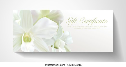 Gift certificate, Voucher template with realistic white orchid flower bouquet. Vector romantic floral background for wedding invite design, beautiful holiday invitation card, gathering or coupon