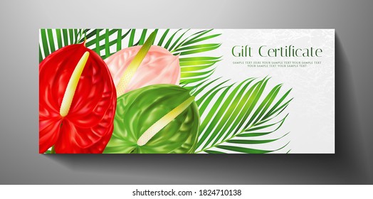 Gift certificate, Voucher with tropical exotic realistic asian flower bouquet - Anthurium andraeanum (flamingo flower) and green palm branch. Blank white background template useful for wedding design