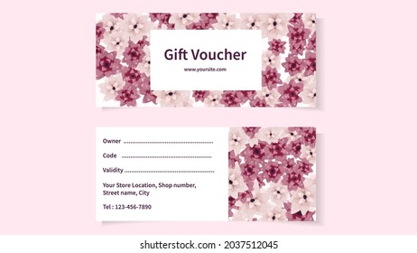 Gift certificate voucher vector template design. Abstract creative floral background with flowers leaves, rich elegant decoration design for coupons, discounts, sales, offers. Customizable, editable