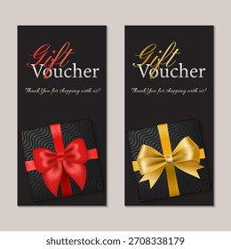 Gift certificates, gift box, gold and red ribbon. A discount voucher. A collection of banners on a beige background. Vector illustration
