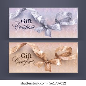 Gift Certificates with floral design background and shiny curly ribbon with bow. Vector illustration