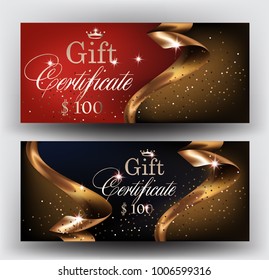 Gift certificates with  gold ribbons. Vector illustration