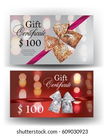 Gift certificates with  sparkling bow and blurred background. Vector illustration