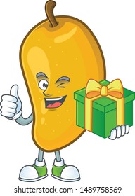 With gift character mango fruit with cartoon mascot