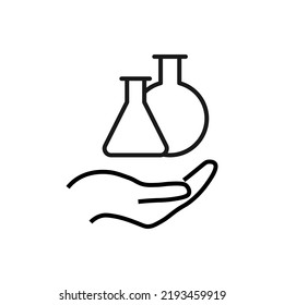 Gift, charity, support symbol. Vector sign drawn with black line. Monochrome image for adverts, banners, stores etc. Line icon of laboratory bulbs over outstretched hand 