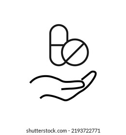 Gift, charity, support symbol. Vector sign drawn with black line. Monochrome image for adverts, banners, stores etc. Line icon of pills over outstretched hand 