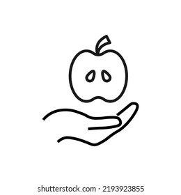 Regalo, caridad, símbolo de apoyo. Cartel del vector dibujado con línea negra. Imagen monocroma para anuncios, carteles, tiendas, etc. Icono de línea de manzana sobre mano extendida 