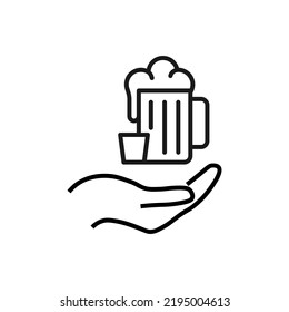 Gift, charity, support symbol. Vector sign drawn with black line. Monochrome image for adverts, banners, stores etc. Line icon of foamy beer over outstretched hand 