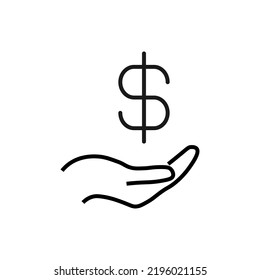 Gift, charity, support symbol. Vector sign drawn with black line. Monochrome image for adverts, banners, stores etc. Line icon of dollar over outstretched hand 