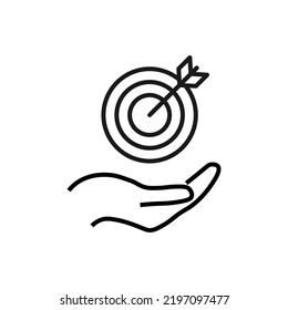 Gift, charity, support symbol. Vector sign drawn with black line. Monochrome image for adverts, banners, stores etc. Line icon of target over outstretched hand 