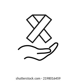 Gift, charity, support symbol. Vector sign drawn with black line. Monochrome image for adverts, banners, stores etc. Line icon of pink ribbon over outstretched hand 