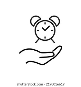 Gift, charity, support symbol. Vector sign drawn with black line. Monochrome image for adverts, banners, stores etc. Line icon of alarm clock over outstretched hand 