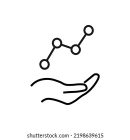 Regalo, caridad, símbolo de apoyo. Cartel del vector dibujado con línea negra. Imagen monocroma para anuncios, banners, tiendas, etc. Icono de línea de progreso sobre la mano extendida 