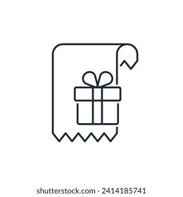 Gift in check. Festive prize draw. The buyer win a gift.Vector linear icon isolated on white background.