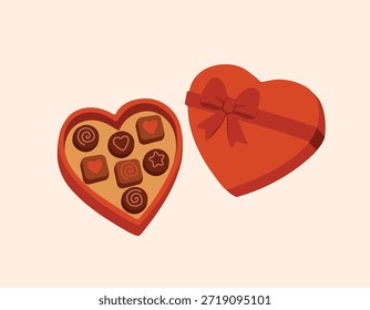Regalo de chocolates. Ilustración vectorial. Caja roja con caramelos. Feliz Día de San Valentín. Vector impreso. Regalo de chocolate.
