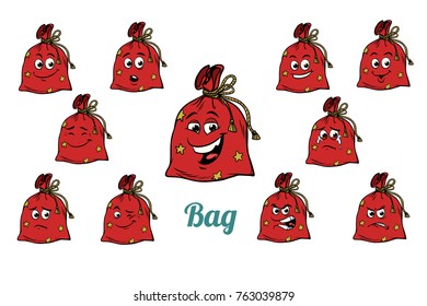 gift Christmas bag emotions emoticons set isolated on white background. Comic book cartoon pop art illustration retro vector
