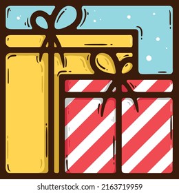 Regalo cajas navideñas con arcos en un fondo azul con nieve. Logotipo de año nuevo dibujado a mano lineal con caja y caja amarillas con rayas rojas y blancas