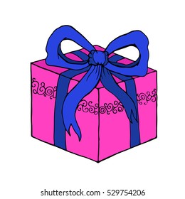 Gift Christmas hand drawn vector cartoon. Happy new year. Holiday illustration Xmas. Doodle style. Merry Christmas. Logo, print, stamp, patch, design, wallpaper, textile, paper, decor, art. Eps10.