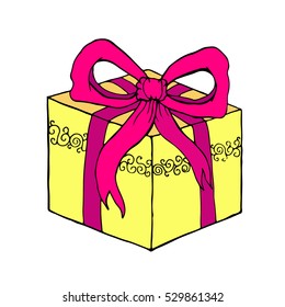 Gift Christmas hand drawn vector cartoon. Happy new year. Holiday illustration Xmas. Doodle style. Merry Christmas. Logo, print, stamp, patch, design, wallpaper, textile, paper, decor, art. Eps10.