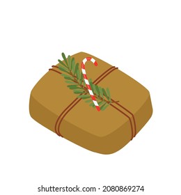 Gift for Christmas or New Year, the box is packed in brown kraft paper. With a spruce branch and a lollipop cane. Vector illustration, for the design or decoration of postcards