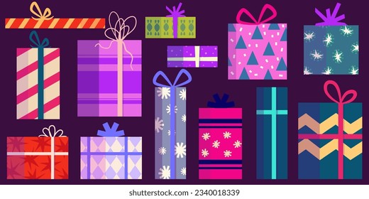 Gift Christmas present set. Colorful box with ribbon. Holiday xmas giftbox. Cartoon vector illustartion. Gift xmas with ribbon.